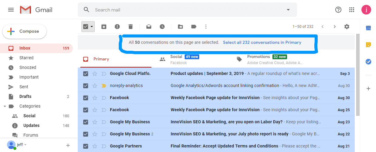 Selecting all emails in gmail to delete more than 50