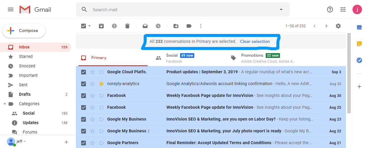 finally you're able to delete more than 50 emails in gmail at once